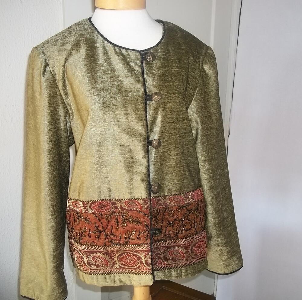 Coldwater Creek Velvet Jacket Moss Green with Embellished Beaded Panel Sz L EUC